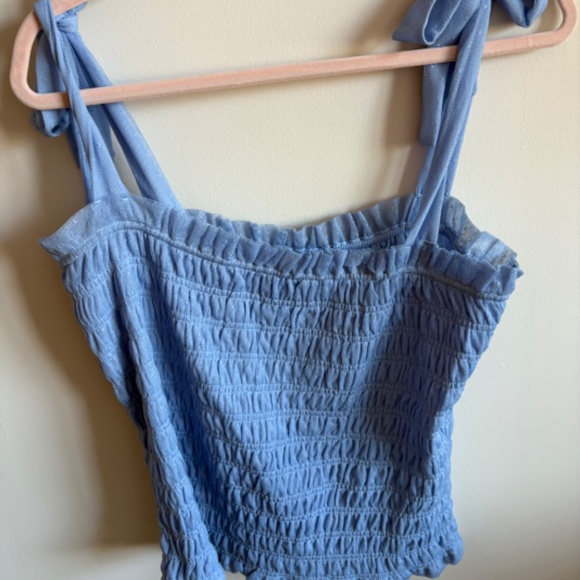Anthropologie Smocked Blue Mesh Tie Strap Shoulder Tulle Top Womens - Picture 2 of 2
